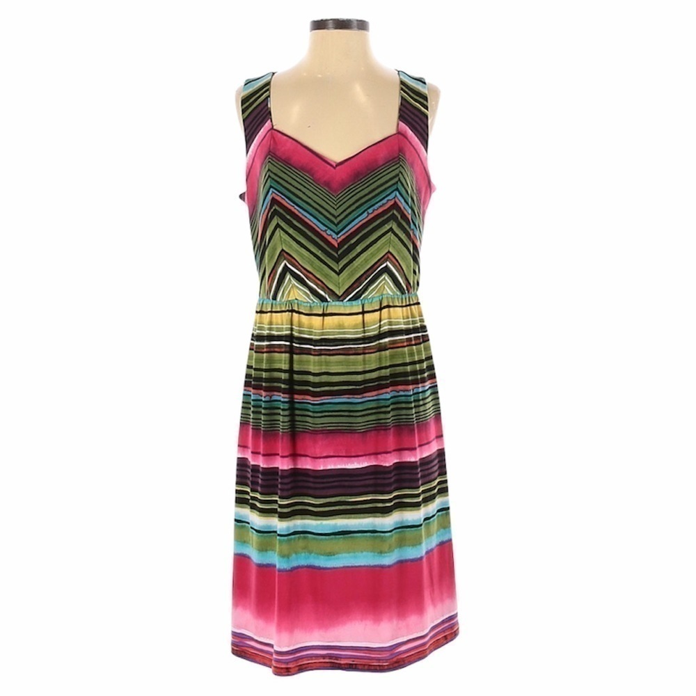 NY Collection Boho Chevron Stripe Dress M Colorful A-Line Stretch V Neck